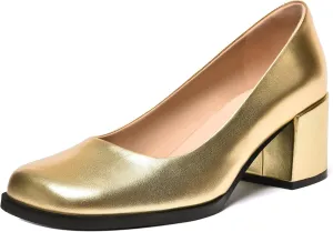 FEMSTEP Womens Casual Slip On Block Matte Leather Square Toe Chunky Low Heel Pumps Shoes 2.5 Inch