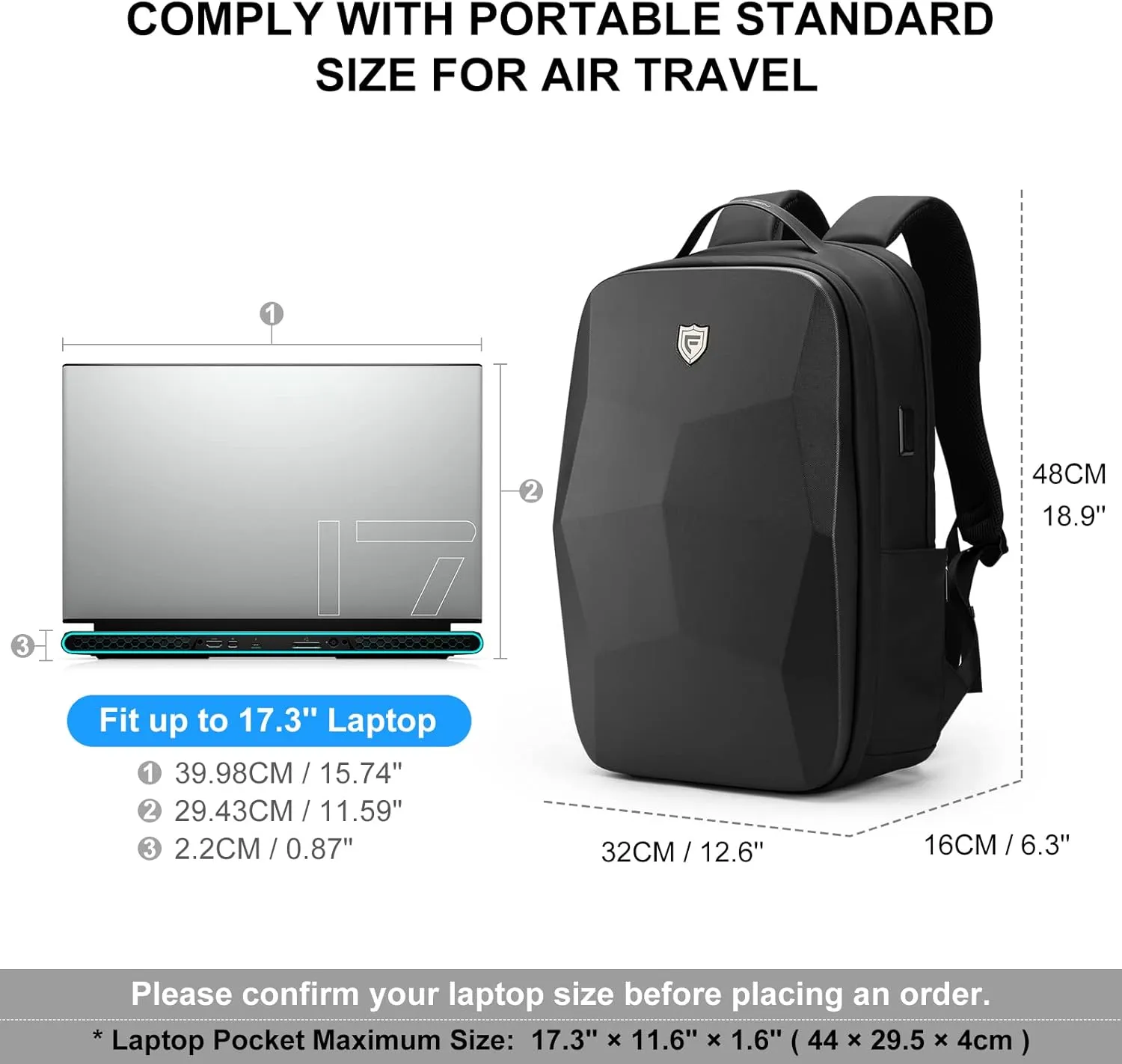 FENRUIEN 17.3-Inch Hard Shell Laptop Backpack,Anti-Theft Waterproof Business Travel Computer Backpack,Black Gaming Laptop Bag with USB Port for Men