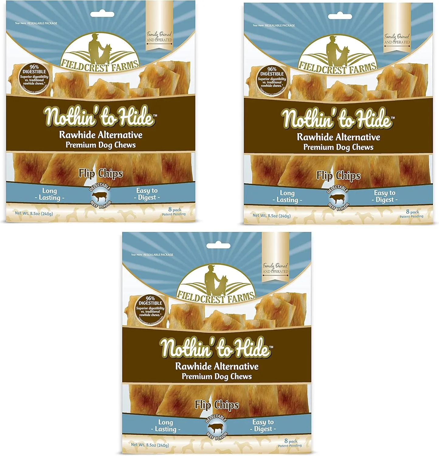 Fieldcrest Farms Nothin to Hide Flip Chips Dog Chews - Natural Rawhide Alternative Treats for Dogs, Chicken, Beef or Peanut Butter Flavor Snack for All Breed Dogs - 3 Pack (Beef)