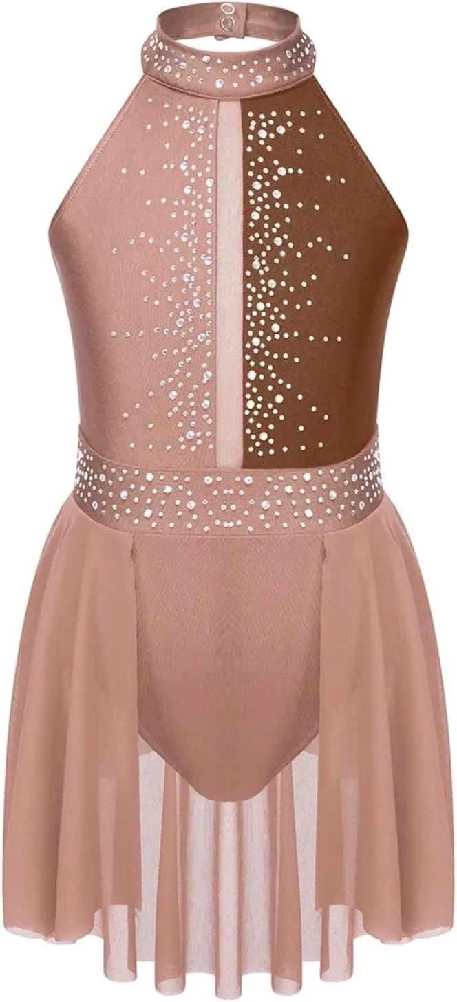 Figure Skating Dress Sleeveless Rhinestone Ballet Gymnastics Leotard Kids Girls Mesh Lyrical Figure Skating Dress