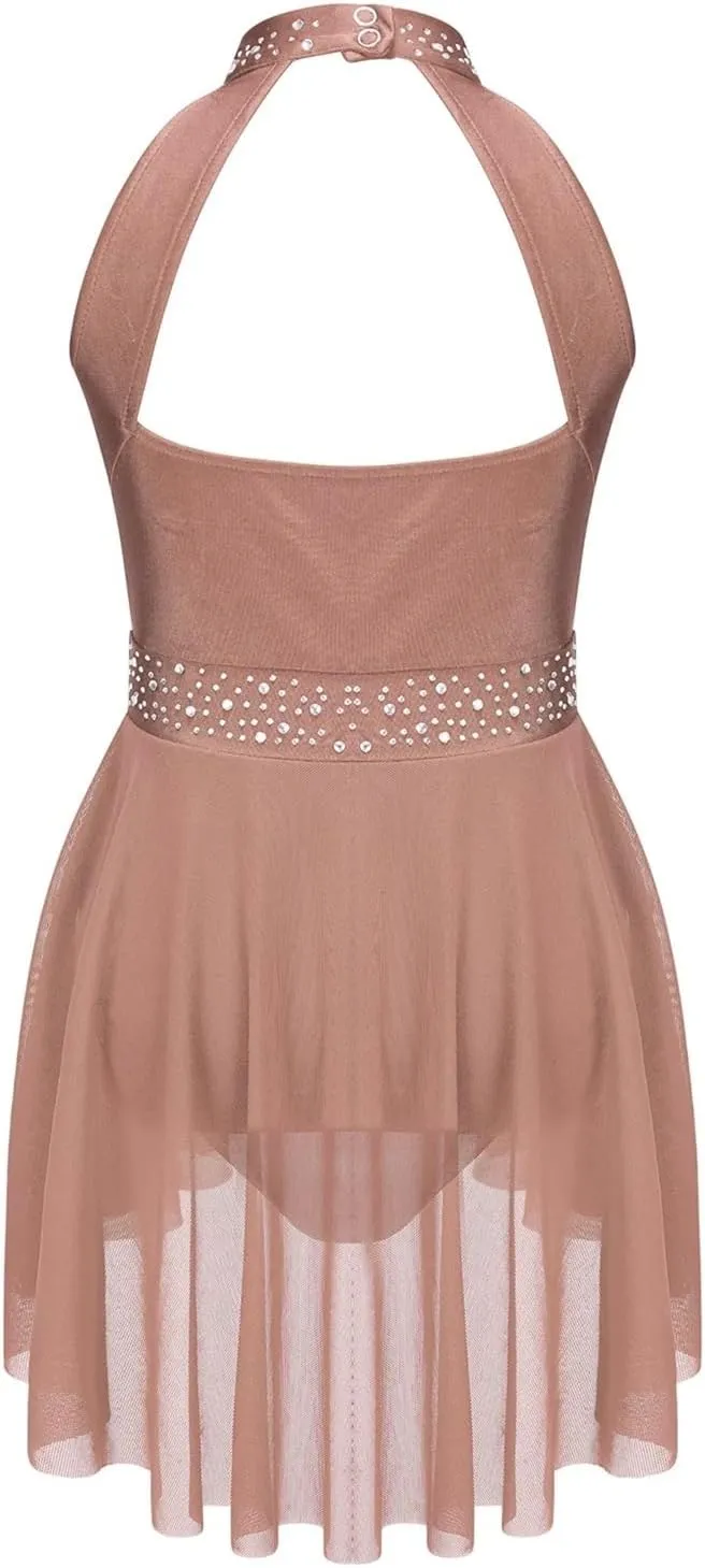 Figure Skating Dress Sleeveless Rhinestone Ballet Gymnastics Leotard Kids Girls Mesh Lyrical Figure Skating Dress
