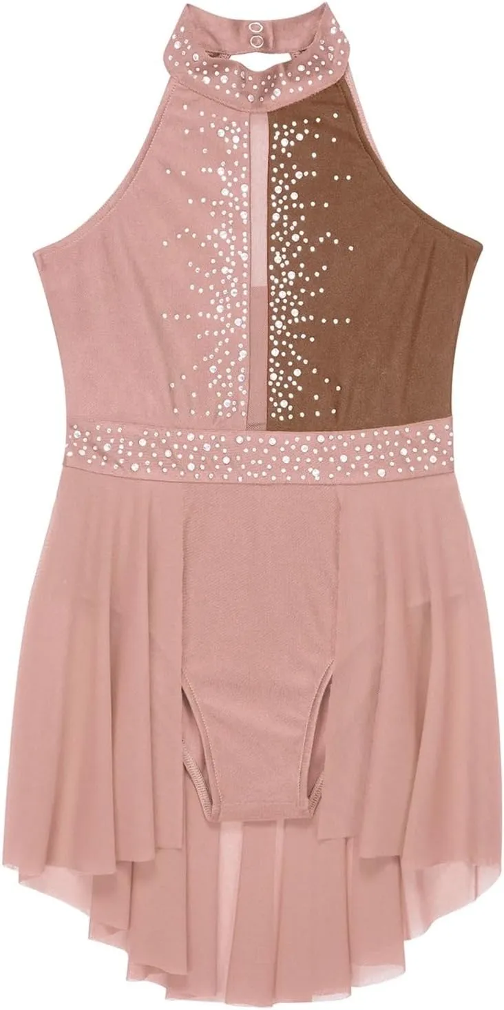 Figure Skating Dress Sleeveless Rhinestone Ballet Gymnastics Leotard Kids Girls Mesh Lyrical Figure Skating Dress