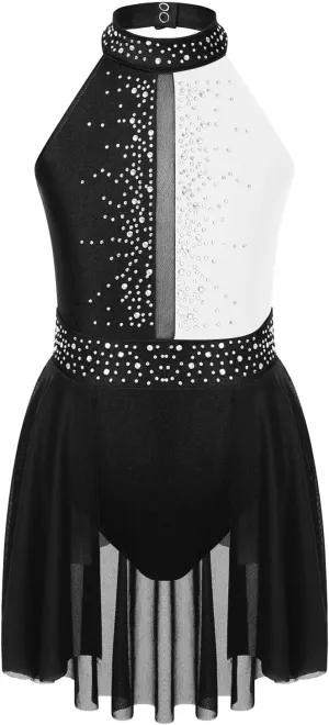 Figure Skating Dress Sleeveless Rhinestone Ballet Gymnastics Leotard Kids Girls Mesh Lyrical Figure Skating Dress