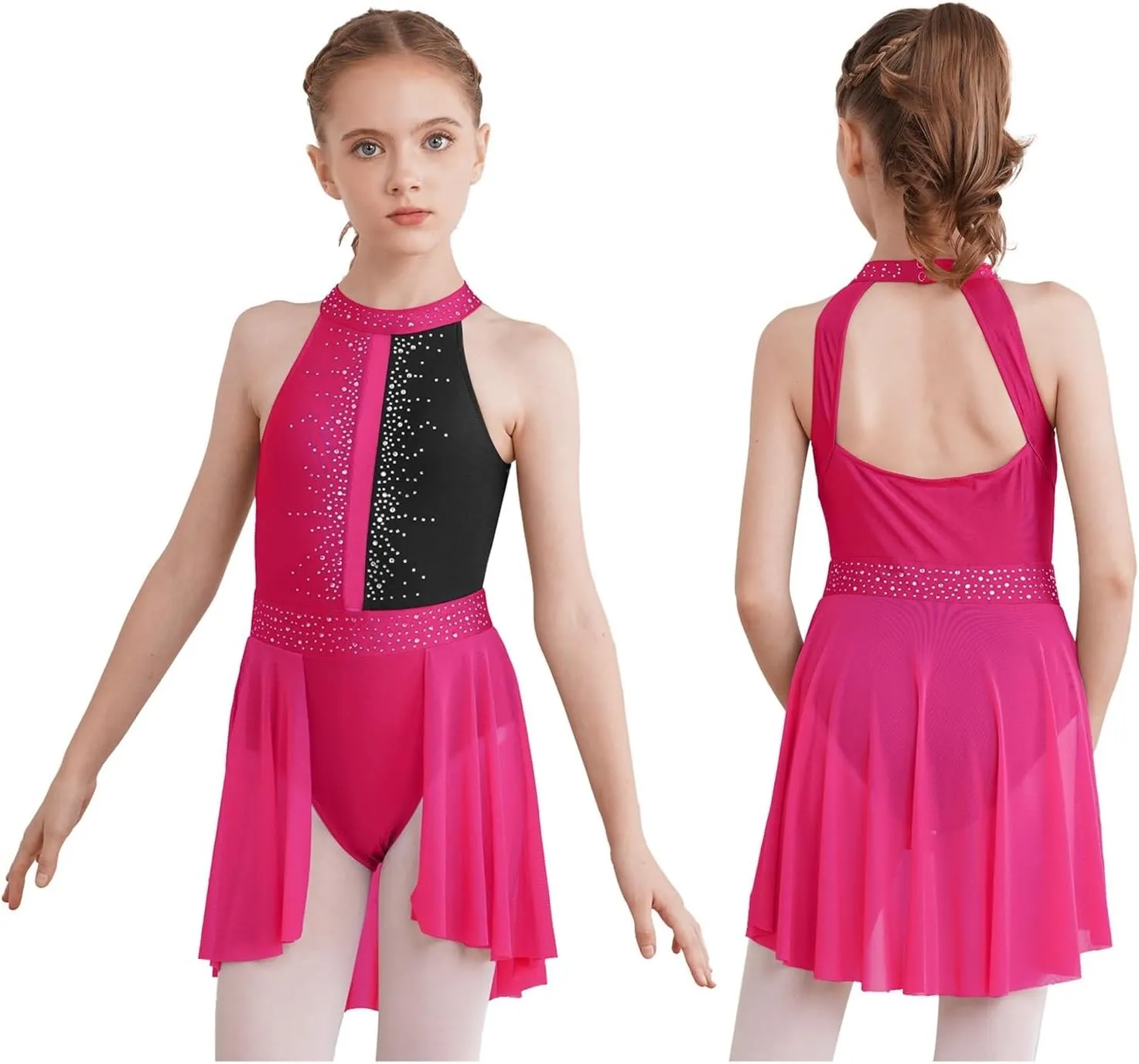 Figure Skating Dress Sleeveless Rhinestone Ballet Gymnastics Leotard Kids Girls Mesh Lyrical Figure Skating Dress
