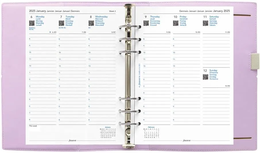 Filofax Domino Soft Organizer, A5 Size, Orchid - Smooth, Leather-Look, Grain Effect, Tactile, Six Rings, Week-to-View Calendar Diary, Multilingual, 2025 (C022605-25)