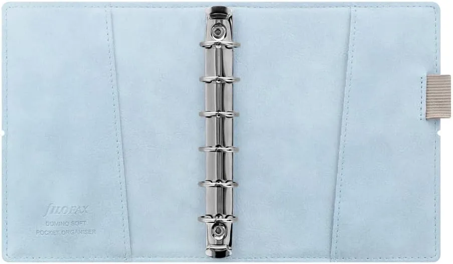 Filofax Domino Soft Organizer, Pocket Size, Pale Blue - Smooth, Leather-Look, Grain Effect, Tactile, Six Rings, Week-to-View Calendar Diary, Multilingual, 2025 (C022582-25)