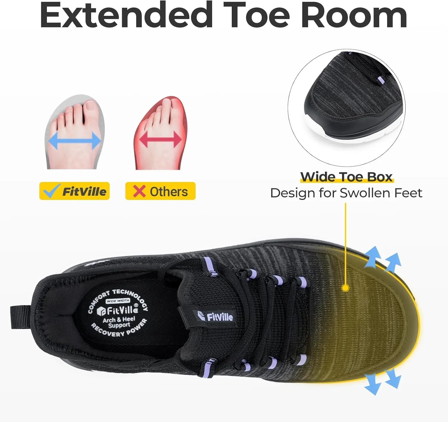 FitVille Women's Slip On Sneakers Wide Shoes Hands Free Running Shoes Slip-On Walking Shoes for Flat Feet Plantar Fasciitis Heel Pain Relief - Cloud Walker V7