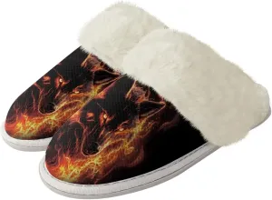 Flame Wolf Pattern Men's Fuzzy Slip-on Slippers Warm Cozy Soft Lightweight Indoor House Shoes with Fur Edges