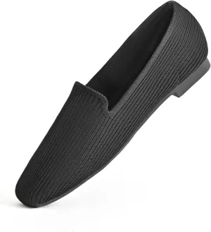 Flat Shoes for Women with Mesh Knitted Square Toe Ballet Flats Soft Slip On Walking Shoes Comfortable Office Shoes