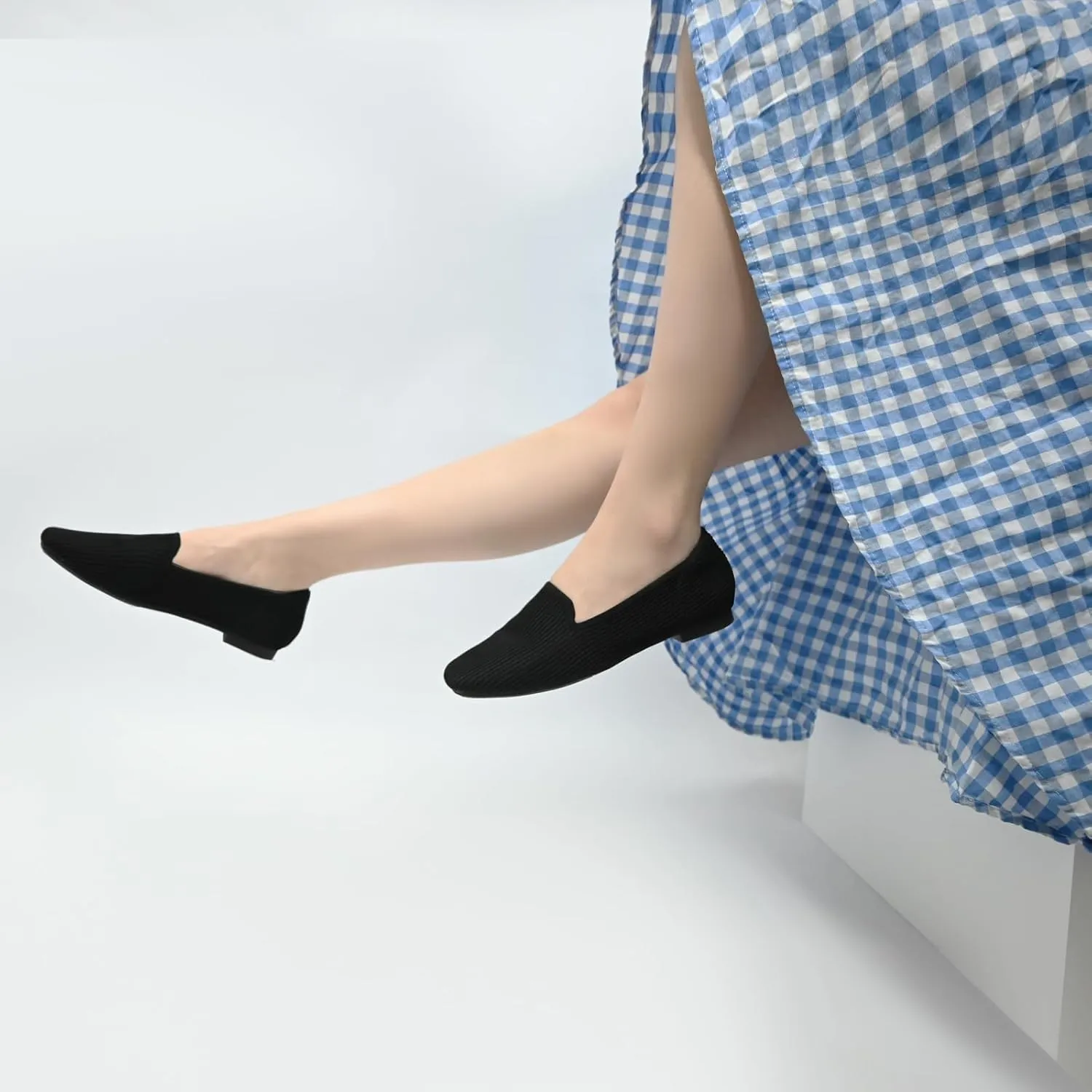 Flat Shoes for Women with Mesh Knitted Square Toe Ballet Flats Soft Slip On Walking Shoes Comfortable Office Shoes
