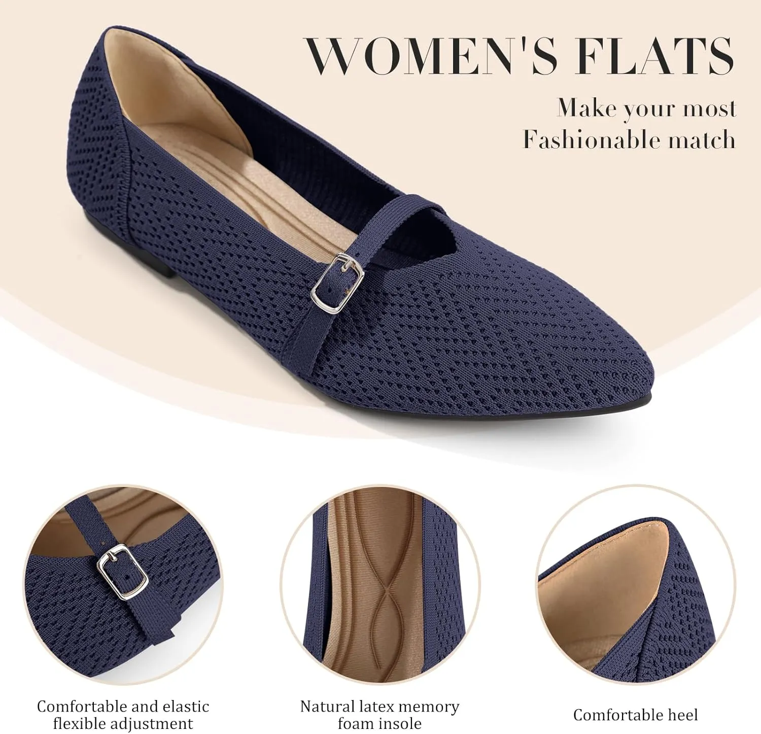 Flats for Women Pointed Toe Knit Ballet Comfortable Dressy Washable Mary Jane Flat Shoes