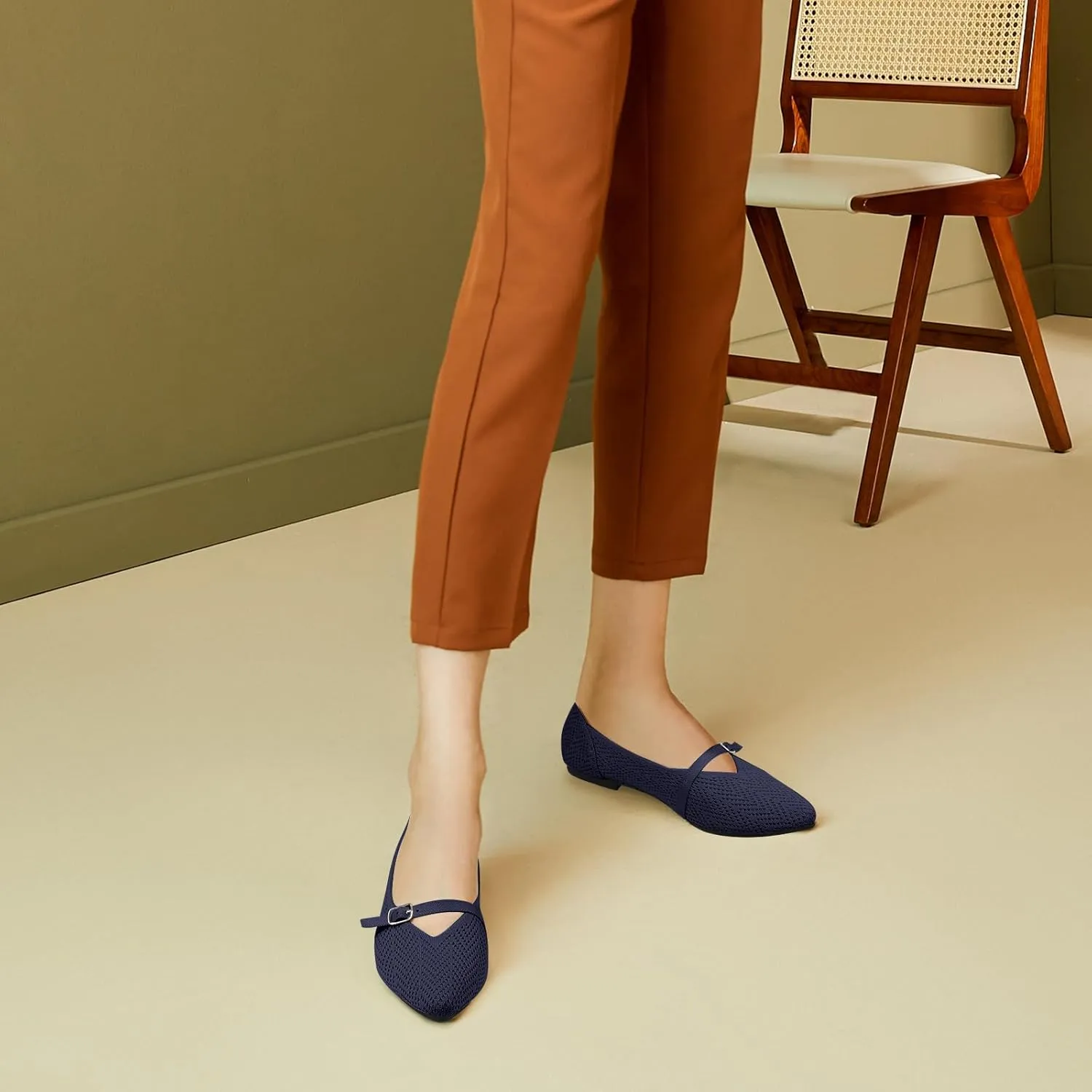 Flats for Women Pointed Toe Knit Ballet Comfortable Dressy Washable Mary Jane Flat Shoes