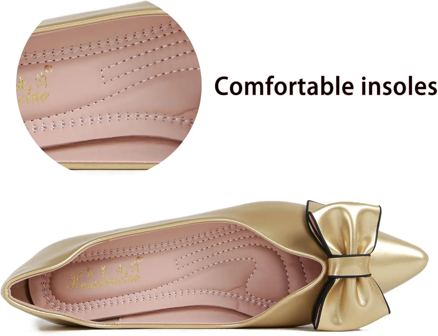 Flats Shoes Women Leather Comfortable Pointed Toe Dress Shoes Bow Memory Foam Insole Slip on Work Flats for Women