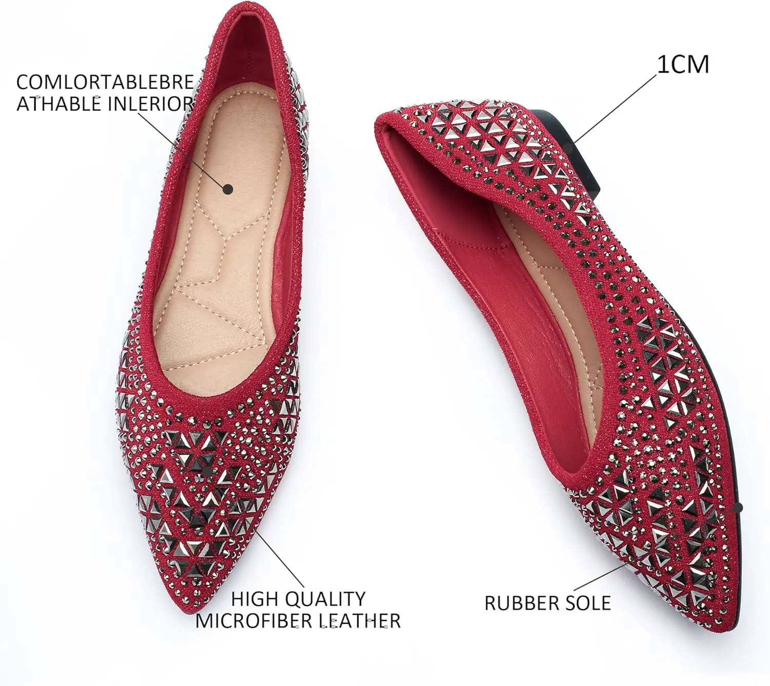 Flats Shoes Women Rhinestone Pointed Head Flats Comfortable Soft Memory Foam Insole Flat Shoes