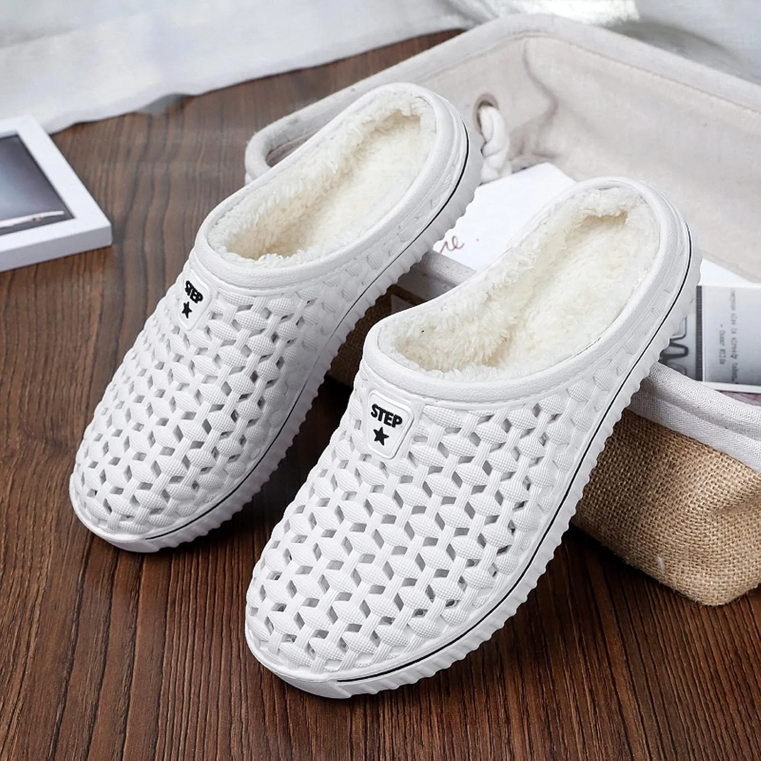 FLIOZY Mens Womens Warm Lined Clog Breathable Mesh House Slippers Winter Slip On Walking Garden Shoes