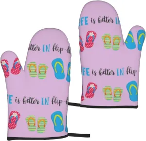 Flip Flops Calligraphy Beach Shoes Print High Heat Qven Mitts 5.9 X 11in Waterproof Non Slip BBQ Gloves for Kitchen Baking