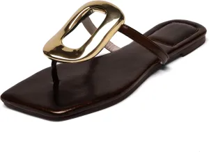 Flip-Flops Sandals for Women Comfortable Open Square Toe Slip on Beach Thong Sandals Casual Fashion Ladies Slipper Dressy Metal Decoration Summer Shoes.