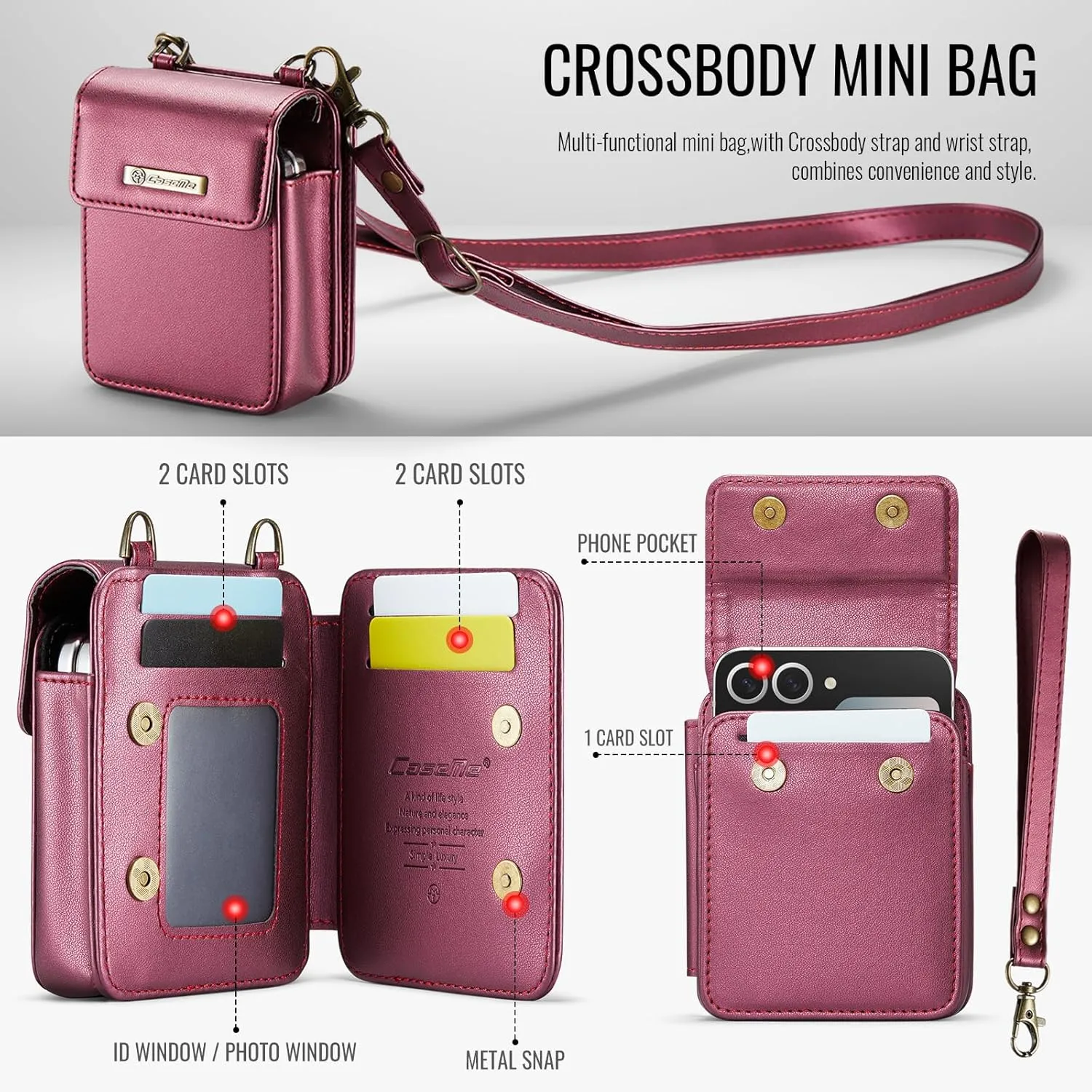 Flip Wallet Bag with 5 Card Slots Cash Solt Zipper Pocket, RFID Blocking Hand and Crossbody Shoulder Strap.Wine
