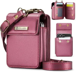 Flip Wallet Bag with 5 Card Slots Cash Solt Zipper Pocket, RFID Blocking Hand and Crossbody Shoulder Strap.Wine
