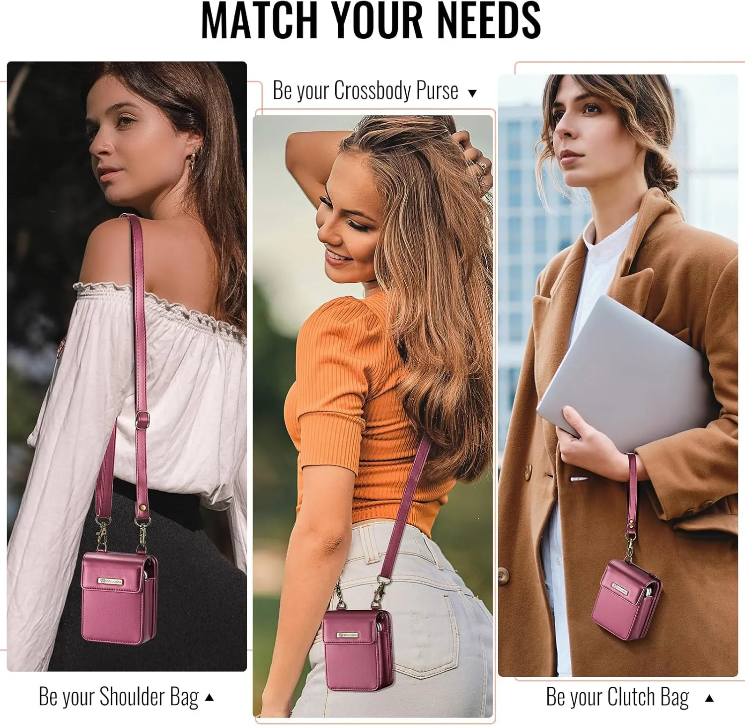 Flip Wallet Bag with 5 Card Slots Cash Solt Zipper Pocket, RFID Blocking Hand and Crossbody Shoulder Strap.Wine