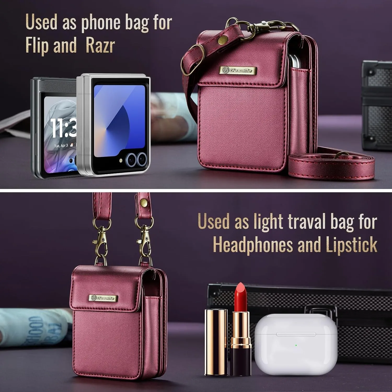 Flip Wallet Bag with 5 Card Slots Cash Solt Zipper Pocket, RFID Blocking Hand and Crossbody Shoulder Strap.Wine