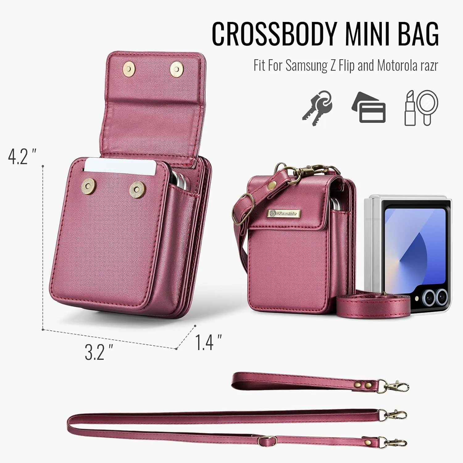 Flip Wallet Bag with 5 Card Slots Cash Solt Zipper Pocket, RFID Blocking Hand and Crossbody Shoulder Strap.Wine