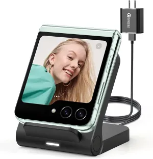 for Samsung Galaxy Z-Flip Wireless Charger: Galaxy Z Flip 6/5/4/3 Wireless Charging Stand, 15W Fast Wireless Charger for Galaxy Z Flip6/Z Flip5/Z Flip4, Razr (5W)Non-Fold(QC3.0 Adapter Included)Black