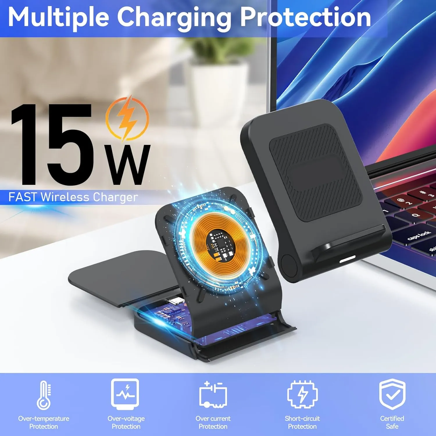for Samsung Galaxy Z-Flip Wireless Charger: Galaxy Z Flip 6/5/4/3 Wireless Charging Stand, 15W Fast Wireless Charger for Galaxy Z Flip6/Z Flip5/Z Flip4, Razr (5W)Non-Fold(QC3.0 Adapter Included)Black