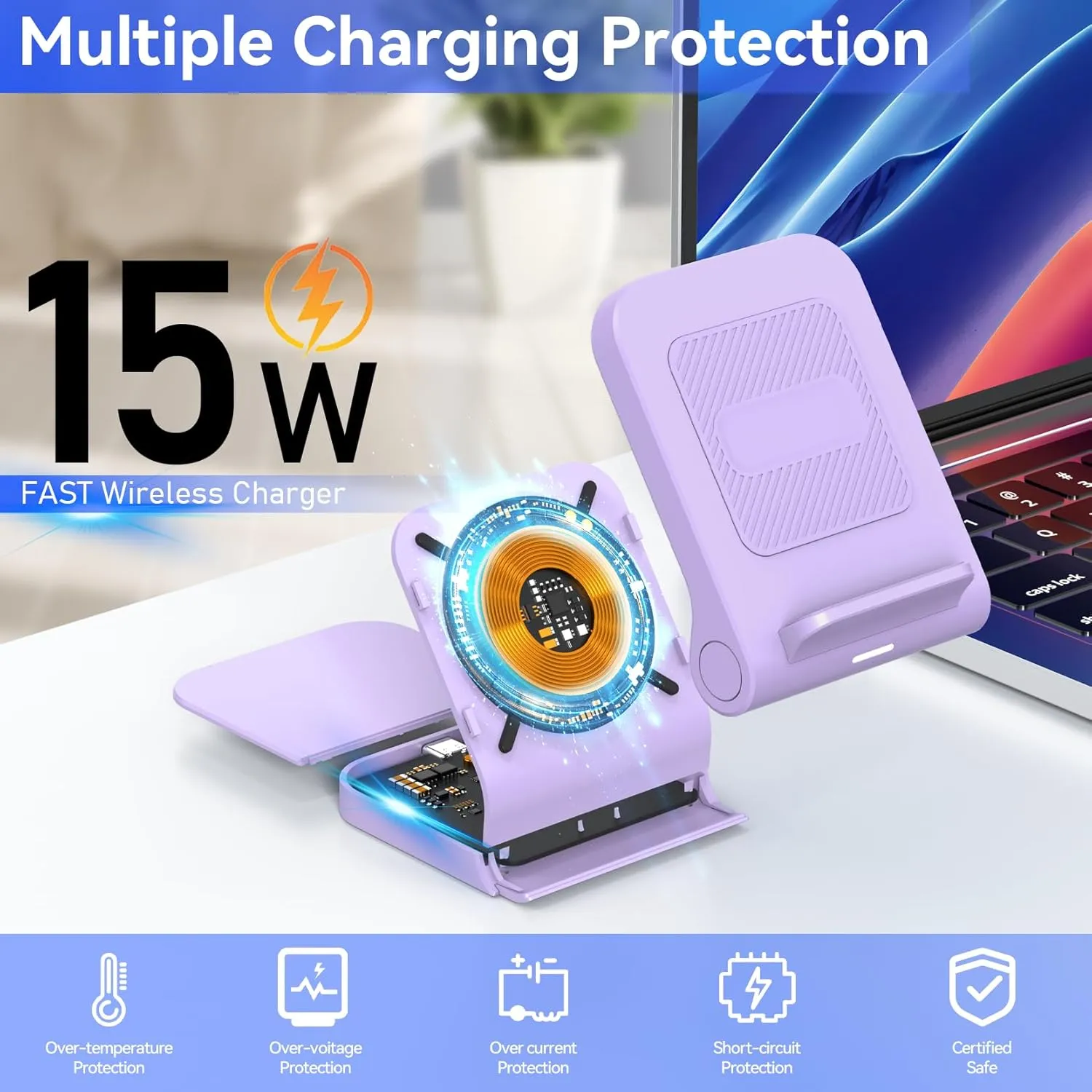 for Samsung Galaxy Z-Flip Wireless Charger: Galaxy Z Flip 6/5/4/3 Wireless Charging Stand, 15W Fast Wireless Charger for Galaxy Z Flip6/Z Flip5/Z Flip4,Razr (5W)Non-Fold(QC3.0 Adapter Included)Purple
