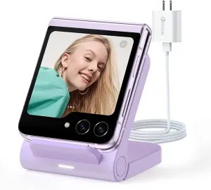 for Samsung Galaxy Z-Flip Wireless Charger: Galaxy Z Flip 6/5/4/3 Wireless Charging Stand, 15W Fast Wireless Charger for Galaxy Z Flip6/Z Flip5/Z Flip4,Razr (5W)Non-Fold(QC3.0 Adapter Included)Purple