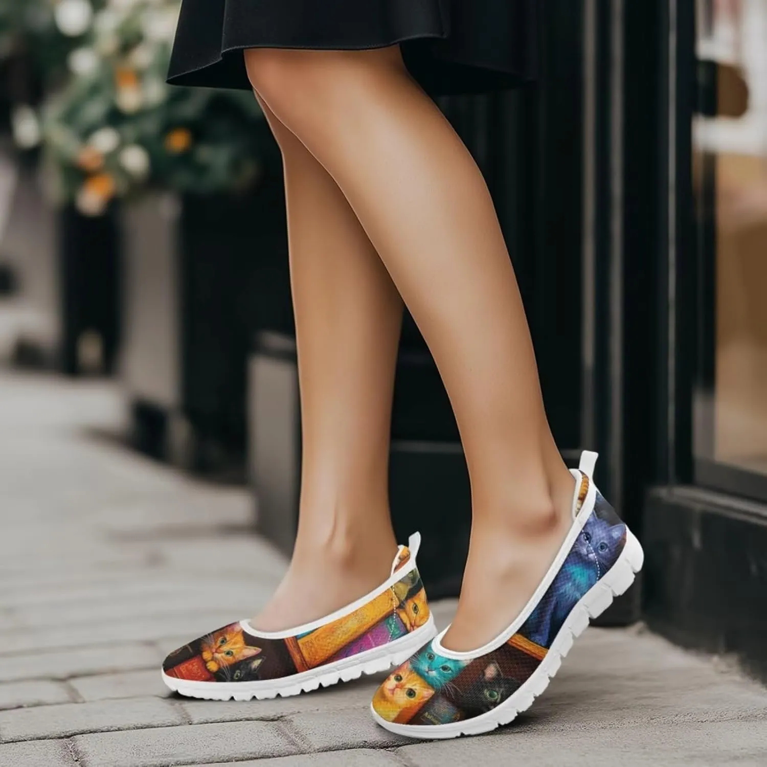 Forchrinse Colorful Cat Books Print Women’s Flats Soft Slip on Walking Shoes Round Toe Ballet Flats Comfortable Dress Work Shoes