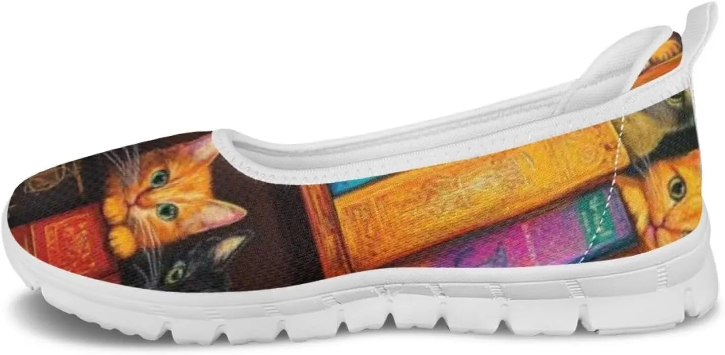 Forchrinse Colorful Cat Books Print Women’s Flats Soft Slip on Walking Shoes Round Toe Ballet Flats Comfortable Dress Work Shoes