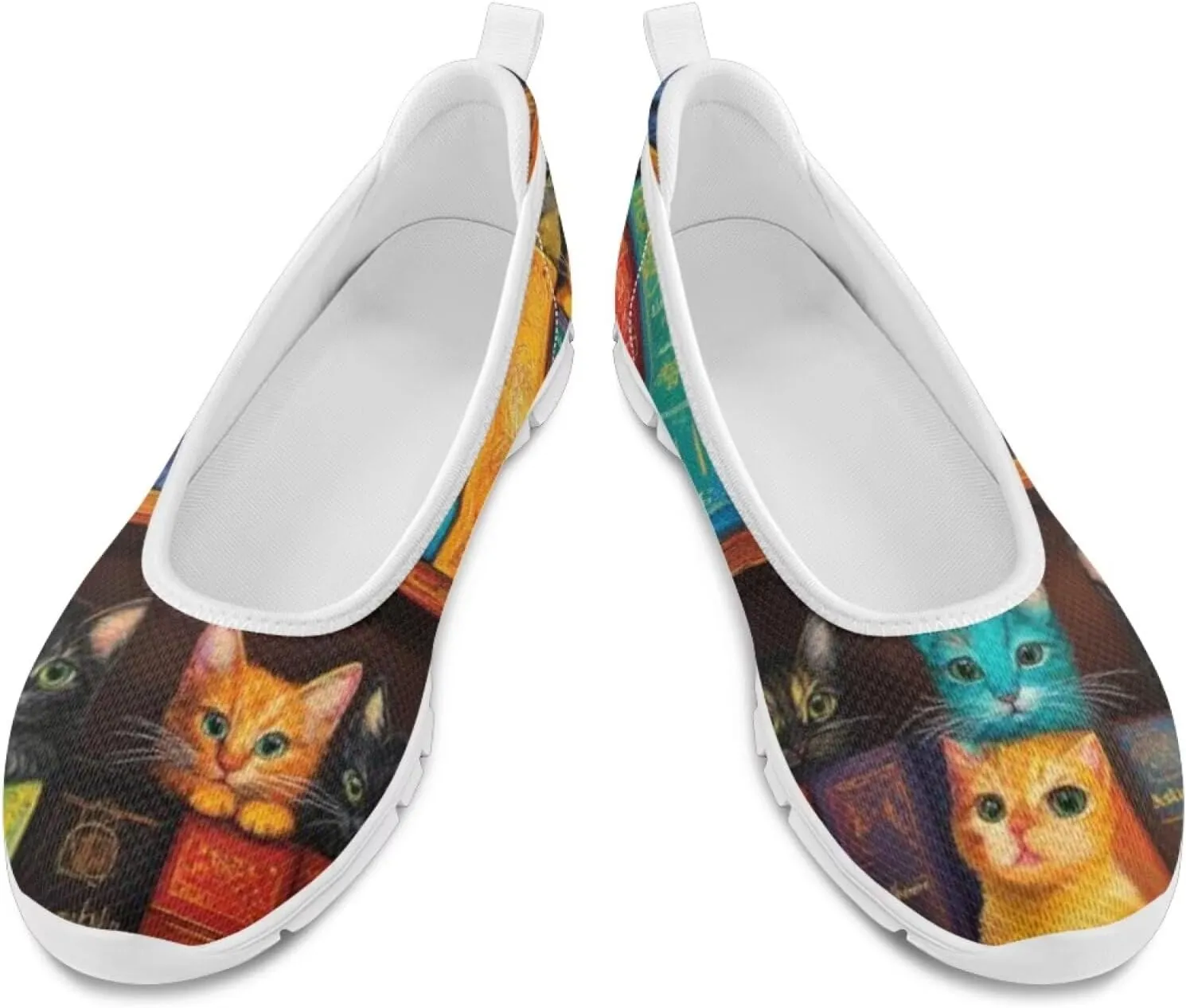 Forchrinse Colorful Cat Books Print Women’s Flats Soft Slip on Walking Shoes Round Toe Ballet Flats Comfortable Dress Work Shoes