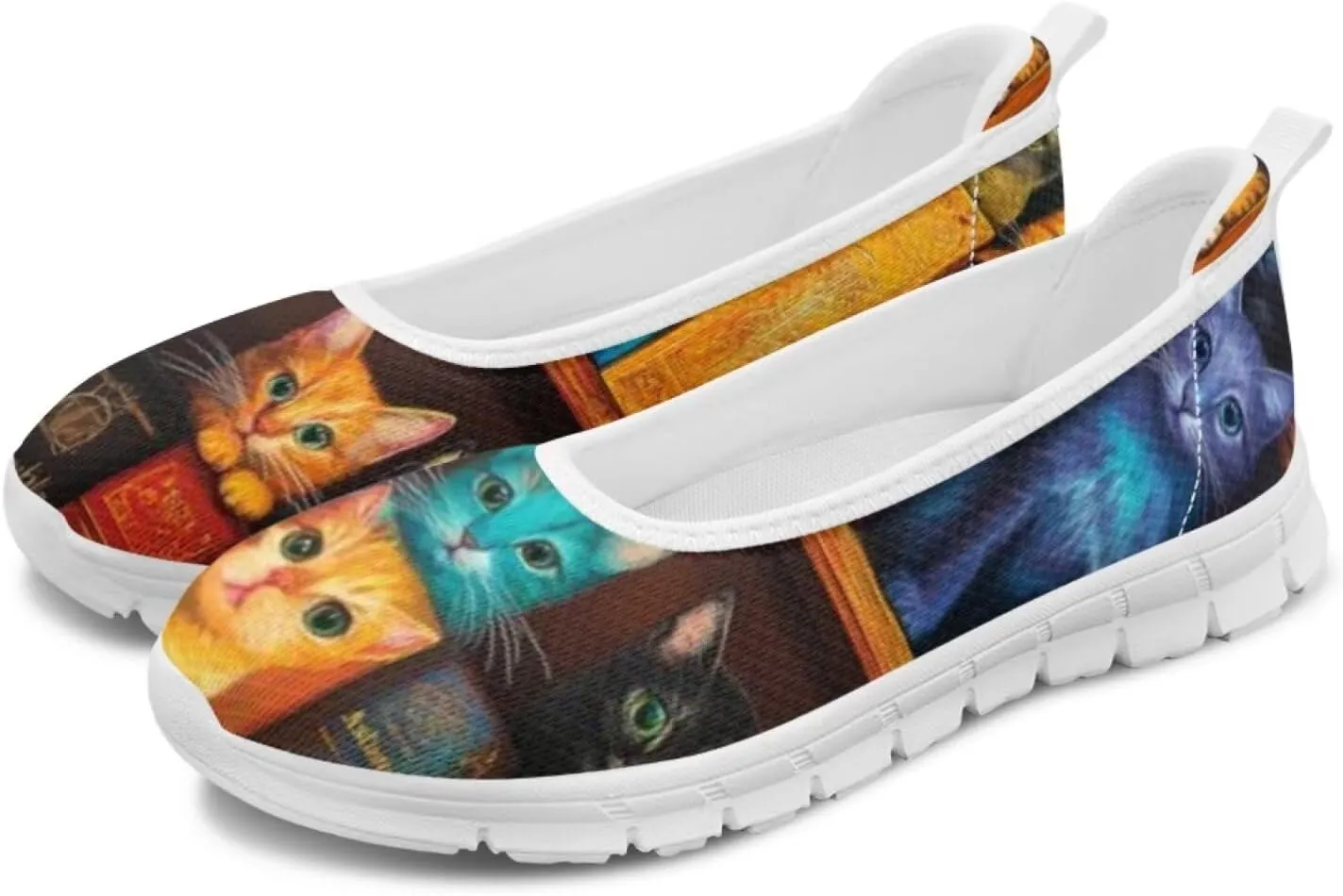 Forchrinse Colorful Cat Books Print Women’s Flats Soft Slip on Walking Shoes Round Toe Ballet Flats Comfortable Dress Work Shoes