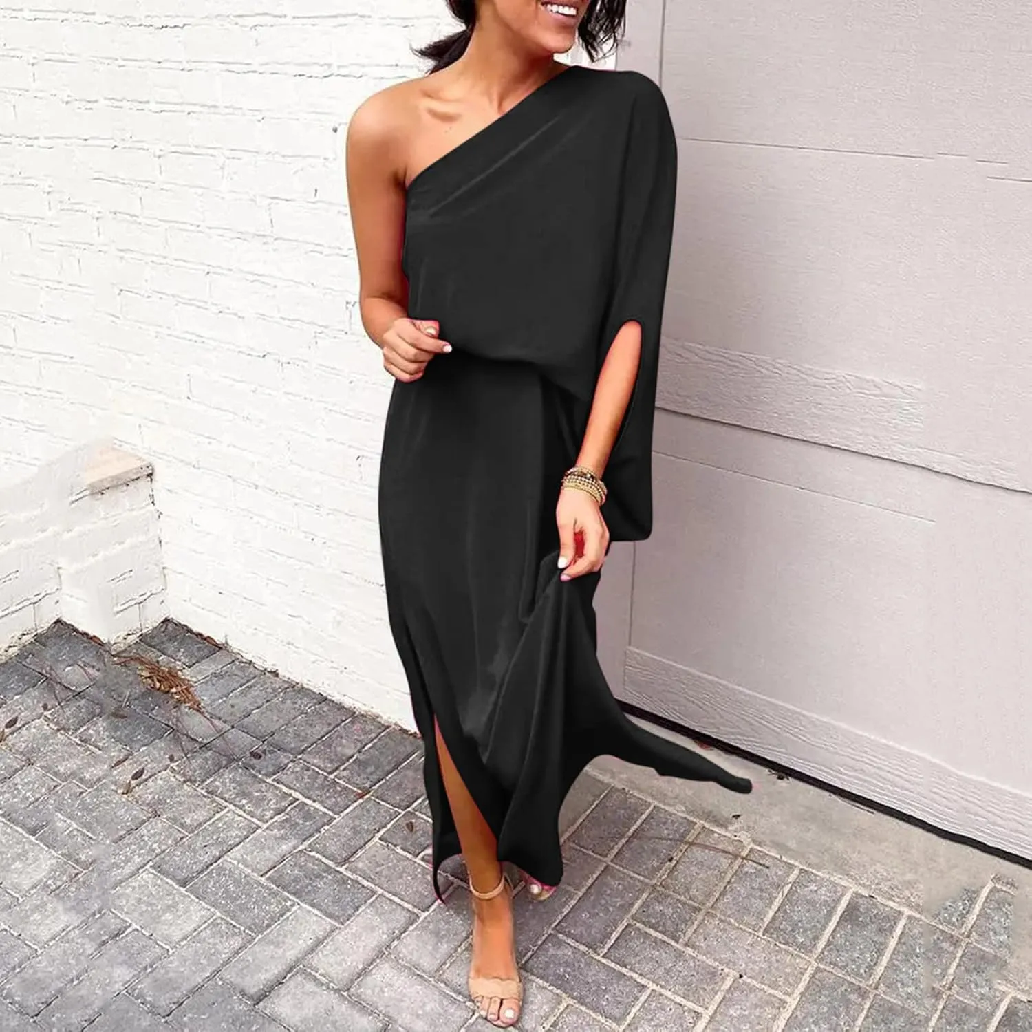 Formal Dresses for Women Wedding Guest One Shoulder Long Formal Dress Sleeveless Ruched Bodycon Slit Maxi Dresses