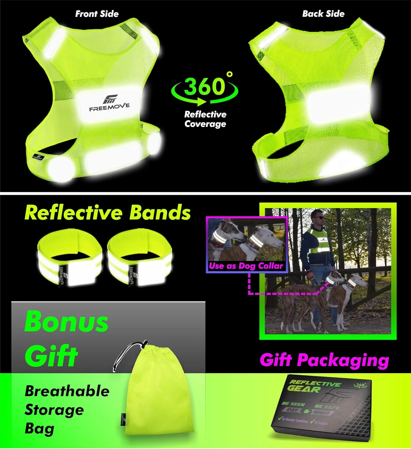 FREEMOVE Reflective Vest - Running Gear   2 Bands & Bag/Ultralight & Comfy Safety Vests for Running, Walking, Cycling