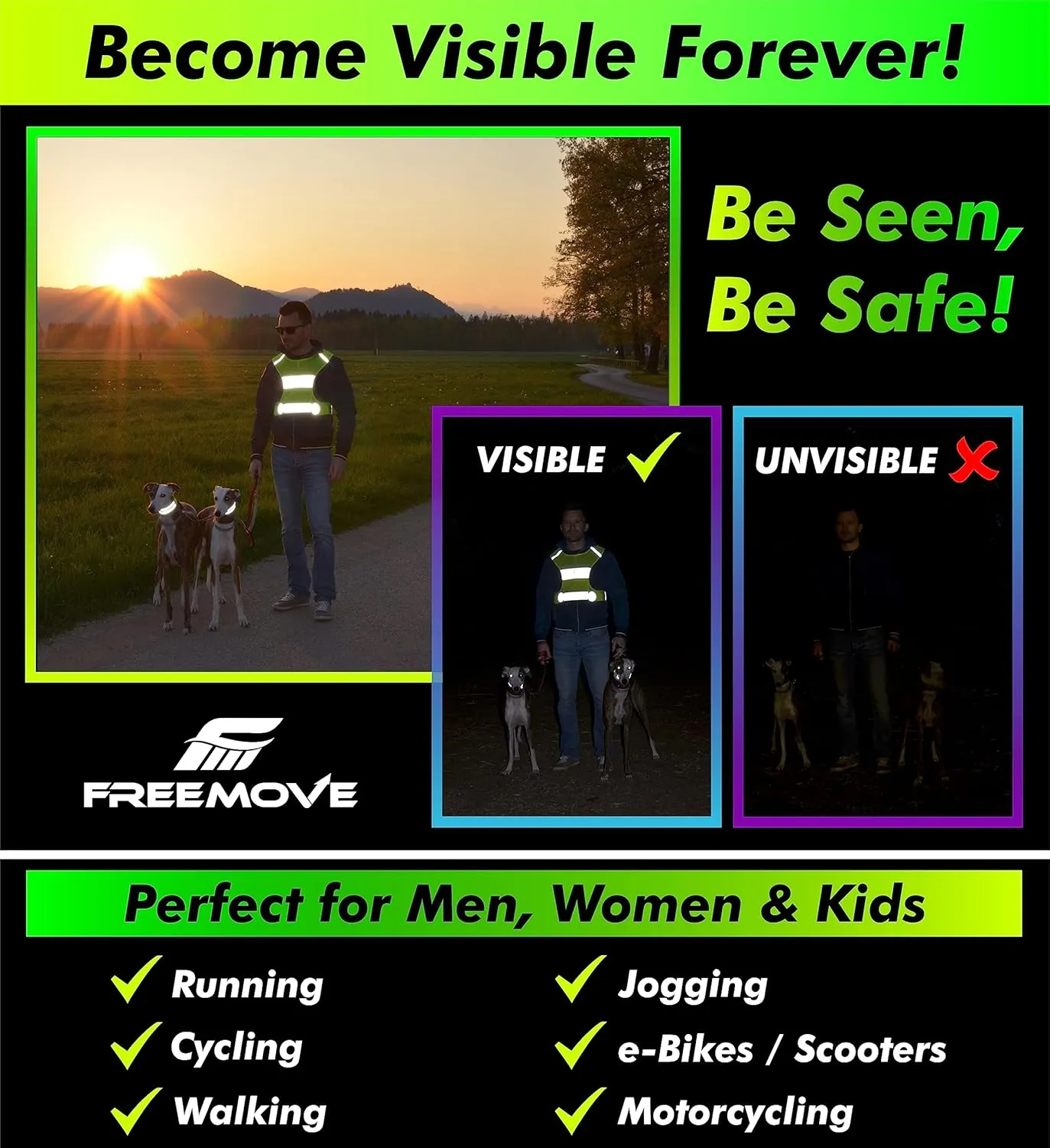 FREEMOVE Reflective Vest - Running Gear   2 Bands & Bag/Ultralight & Comfy Safety Vests for Running, Walking, Cycling