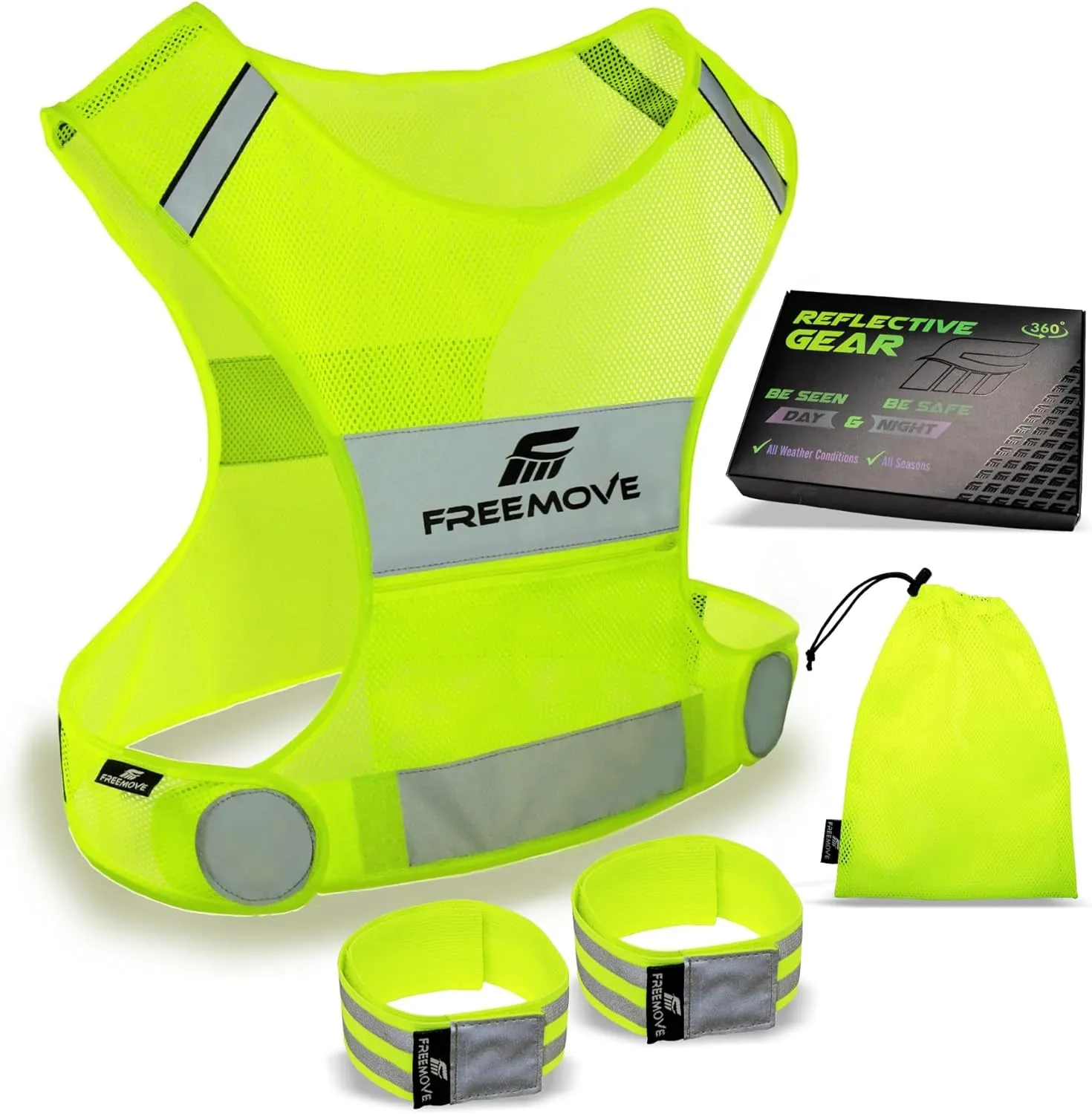 FREEMOVE Reflective Vest - Running Gear   2 Bands & Bag/Ultralight & Comfy Safety Vests for Running, Walking, Cycling