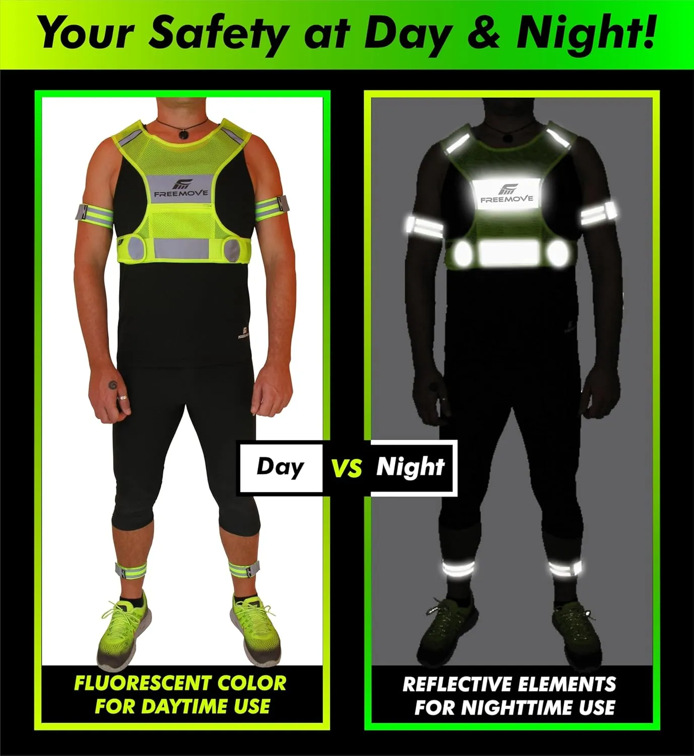 FREEMOVE Reflective Vest - Running Gear   2 Bands & Bag/Ultralight & Comfy Safety Vests for Running, Walking, Cycling
