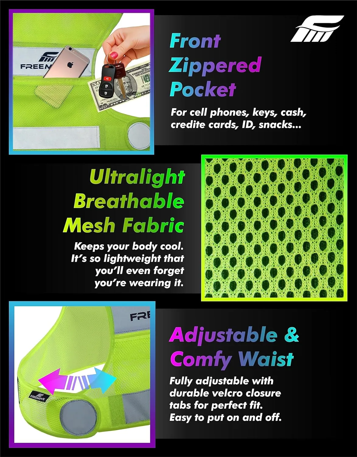 FREEMOVE Reflective Vest - Running Gear   2 Bands & Bag/Ultralight & Comfy Safety Vests for Running, Walking, Cycling