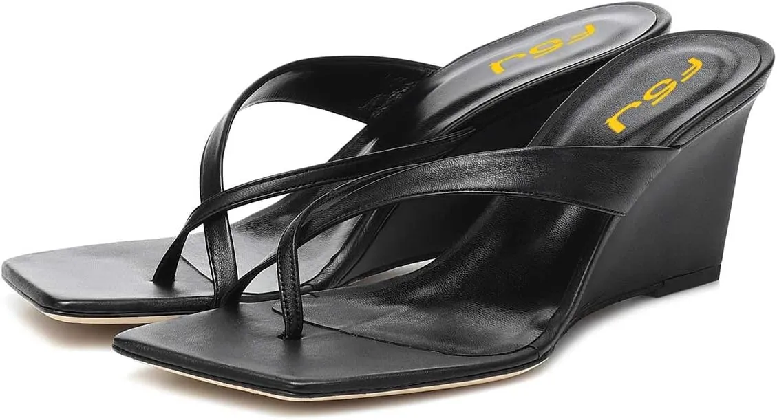 FSJ Women Casual Flip Flop Slide Mule Shoes Square Open Toe Thong Sandal Summer Wedge High Heel Size 4-15 US
