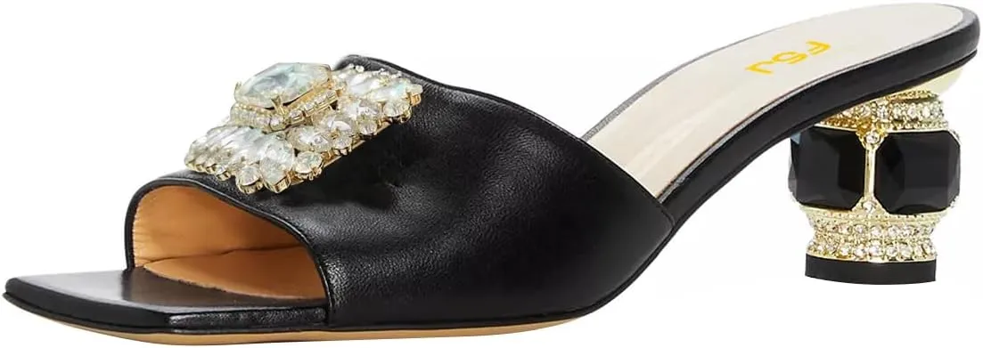 FSJ Women Luxury Square Crystal High Heel Sandals Mule Open Toe Rhinestone Block Heel Slip On Comfort Evening Party Dress Gem Slides Shoes Size 4-16 US