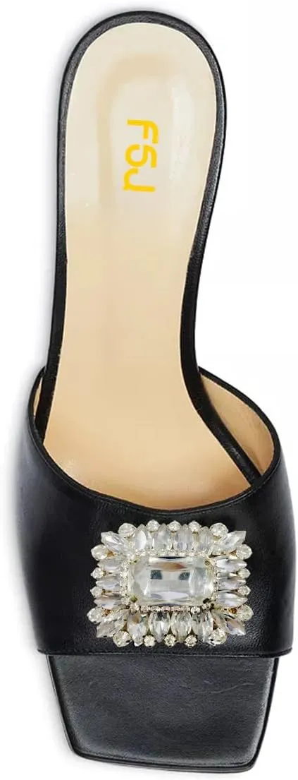 FSJ Women Luxury Square Crystal High Heel Sandals Mule Open Toe Rhinestone Block Heel Slip On Comfort Evening Party Dress Gem Slides Shoes Size 4-16 US