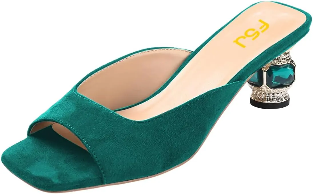 FSJ Women Square Open Toe Block Crystal Low Heel Mule Sandals Backless Slip On Jeweled Slide Heels Comfort Casual Slipper Dress Shoes Size 4-16 US
