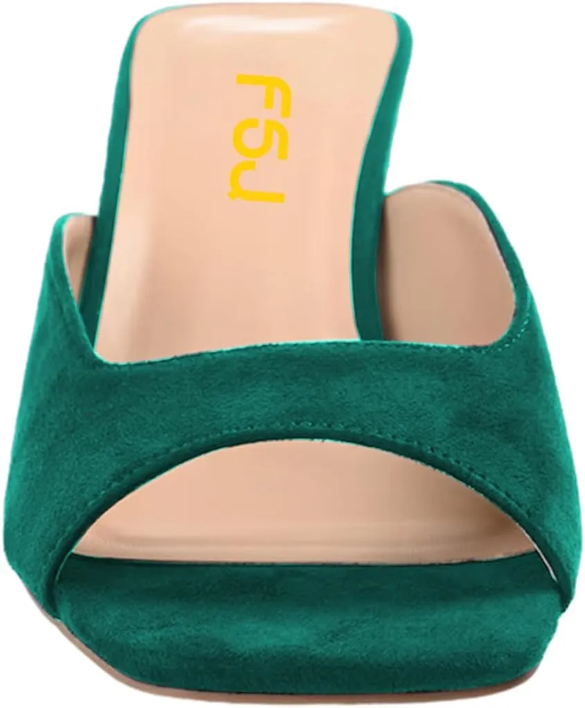 FSJ Women Square Open Toe Block Crystal Low Heel Mule Sandals Backless Slip On Jeweled Slide Heels Comfort Casual Slipper Dress Shoes Size 4-16 US