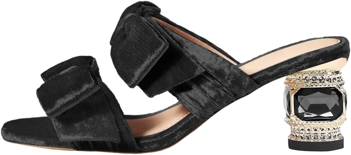 FSJ Women Two Bow Heeled Sandals Slip On Open Toe Low Crystal Block Chunky Heel Mule Velvet Bride Wedding Dress Shoes Size 4-16 US