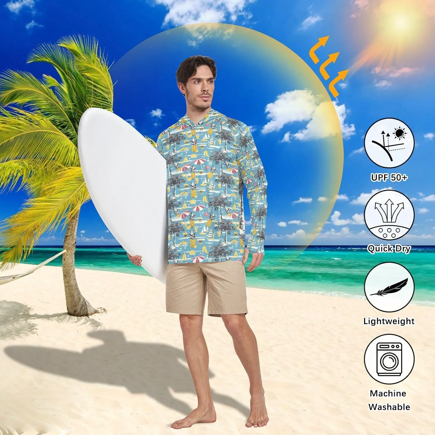 Funny Hawaii Blue Mens Hoodie Sun Protection Long Sleeve Fishing Shirt UPF 50  Sun Proof Shirts Mens Rash Guard