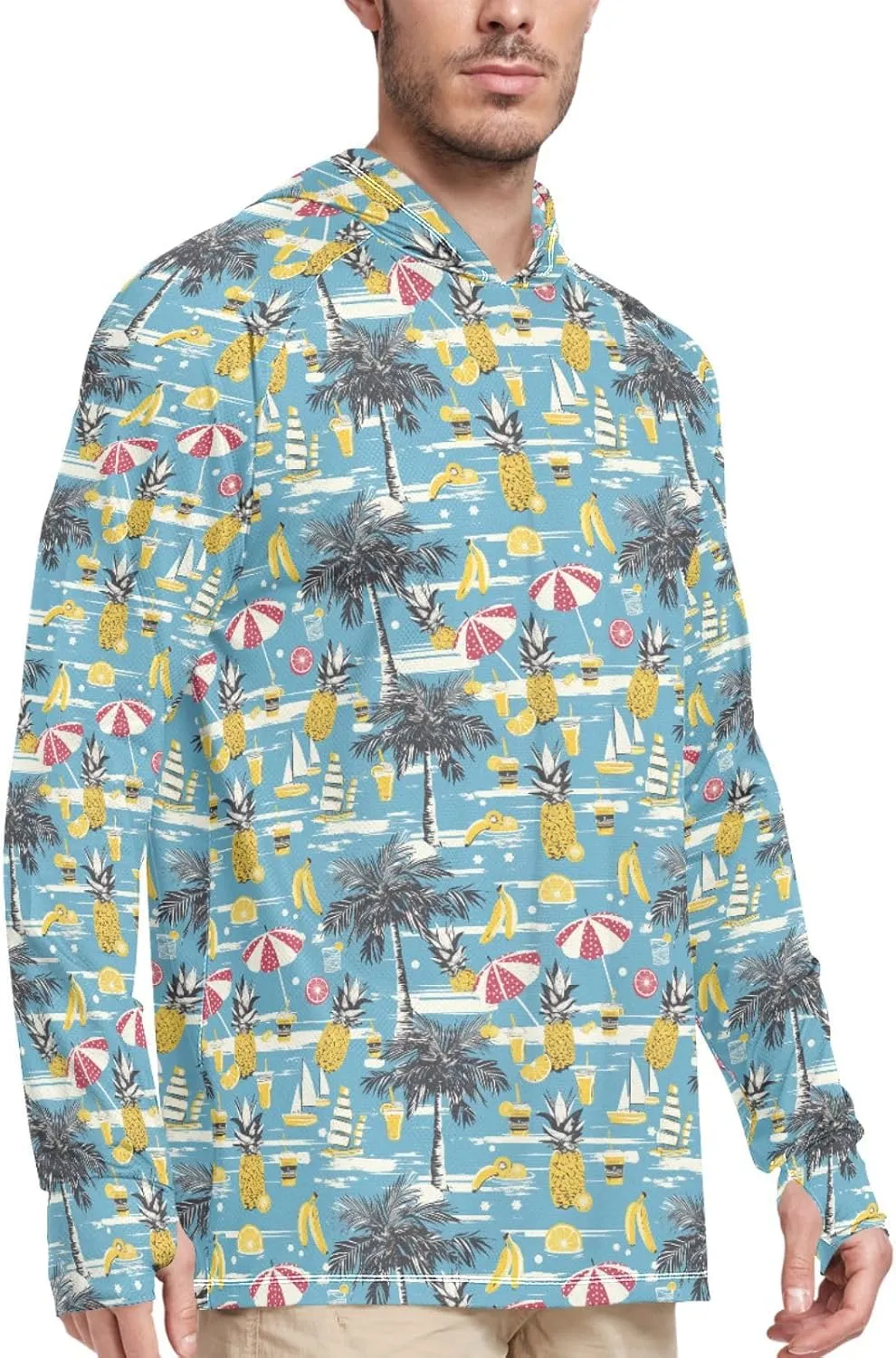 Funny Hawaii Blue Mens Hoodie Sun Protection Long Sleeve Fishing Shirt UPF 50  Sun Proof Shirts Mens Rash Guard