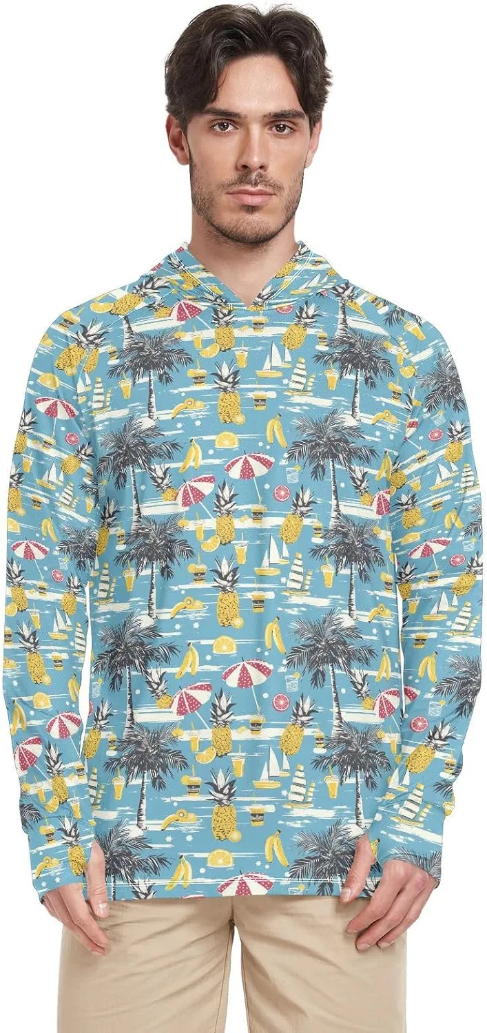 Funny Hawaii Blue Mens Hoodie Sun Protection Long Sleeve Fishing Shirt UPF 50  Sun Proof Shirts Mens Rash Guard