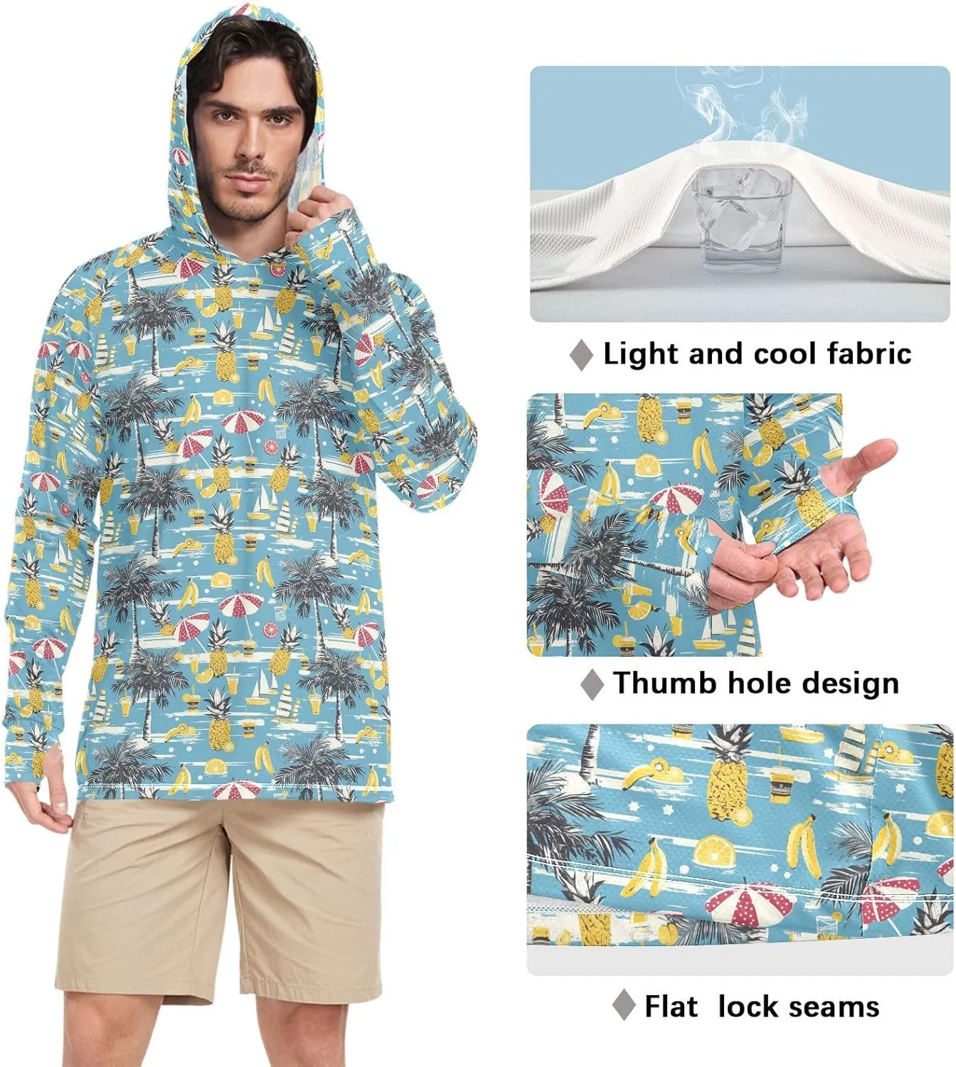 Funny Hawaii Blue Mens Hoodie Sun Protection Long Sleeve Fishing Shirt UPF 50  Sun Proof Shirts Mens Rash Guard